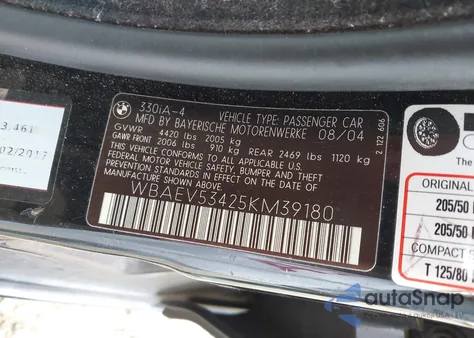 2005 BMW 330I from USA, damaged, VIN WBAEV53425KM39180